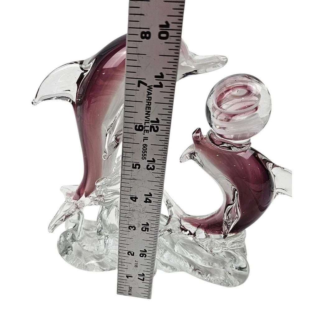 Murano Style Blown Art Glass Dolphin Sculpture Purple White Swirl Waves Figurine